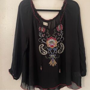Bila Black Floral Embroidered Boho Semi Sheer Blouse Beaded Tie XL